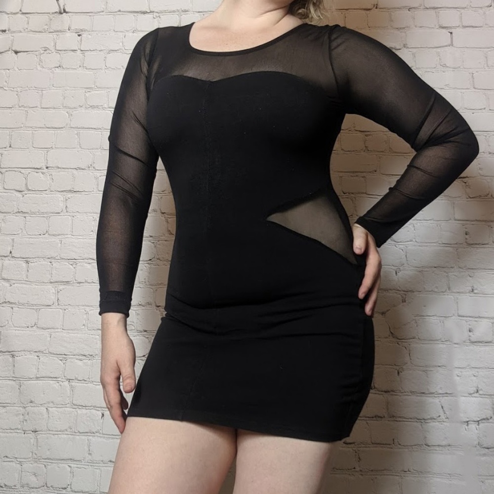 Sexy Long-sleeve LBD Club Dress with Mesh Cut-outs